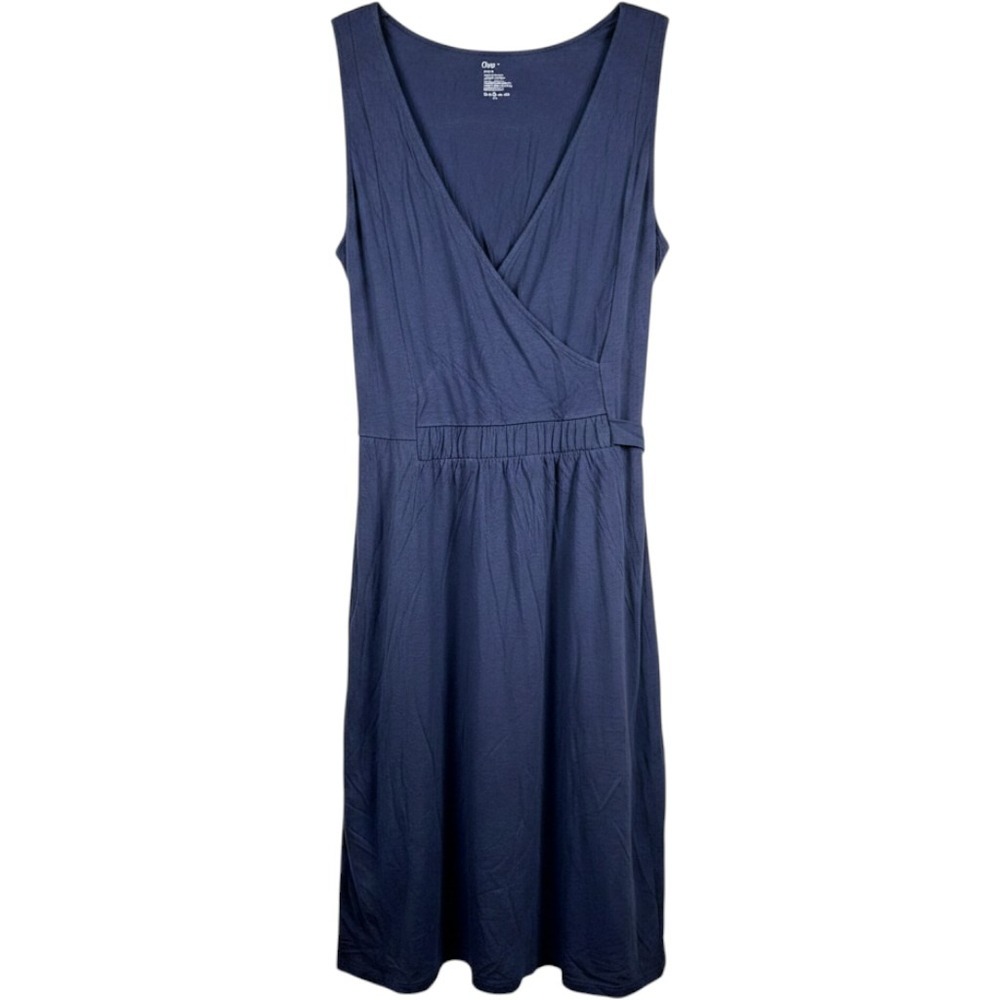 Gap Wrap Midi Dress Womens Large Navy Blue Sleeveless Pockets Rayon Jersey Tie